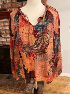 Joie Orange Multi-Color Printed Tie-Neck Blouse
